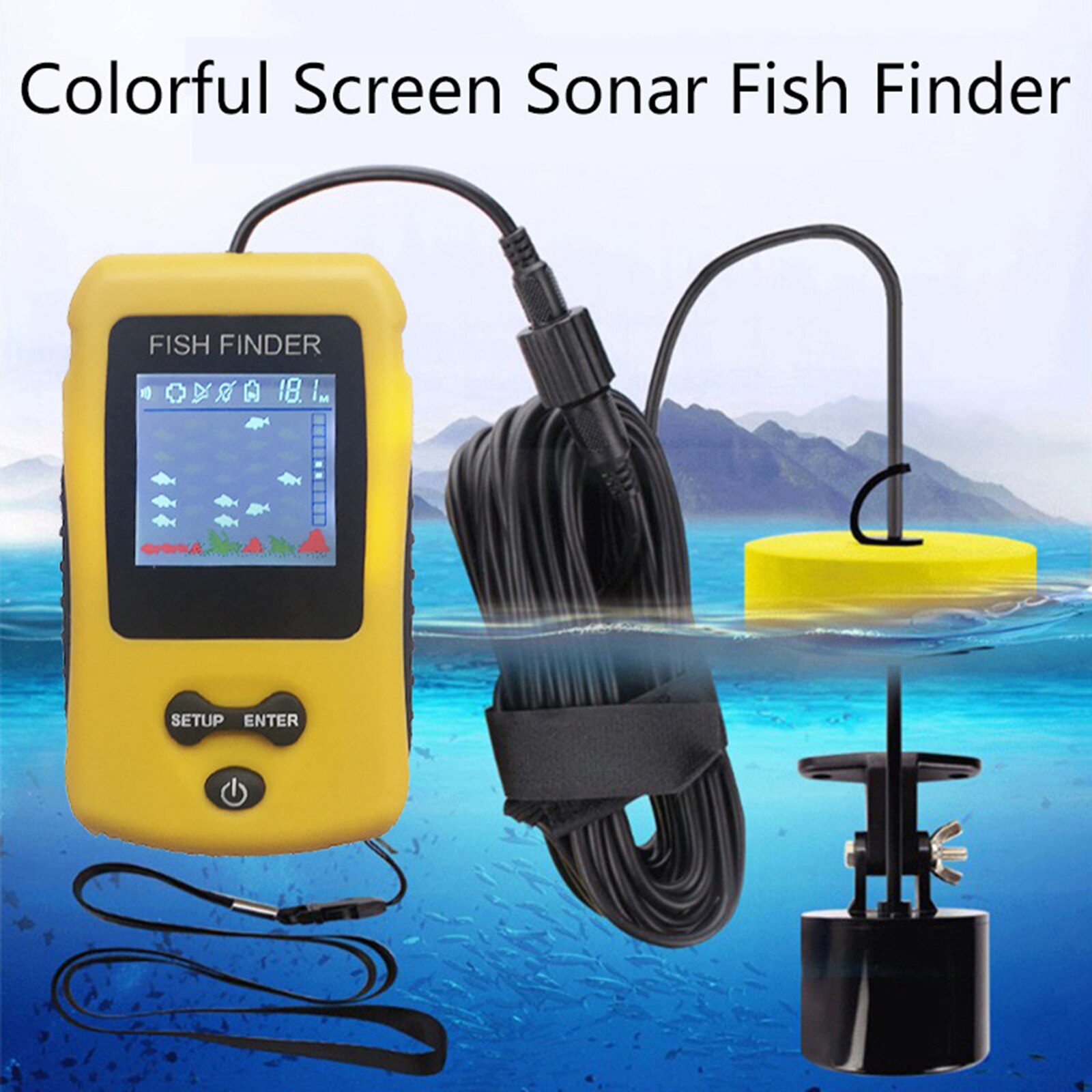 Portable Fish Finder, Contour Readout Compact Fishfinder Depth Sonar Sensor Transducer 5 Sensitivity Fish Depth Finder