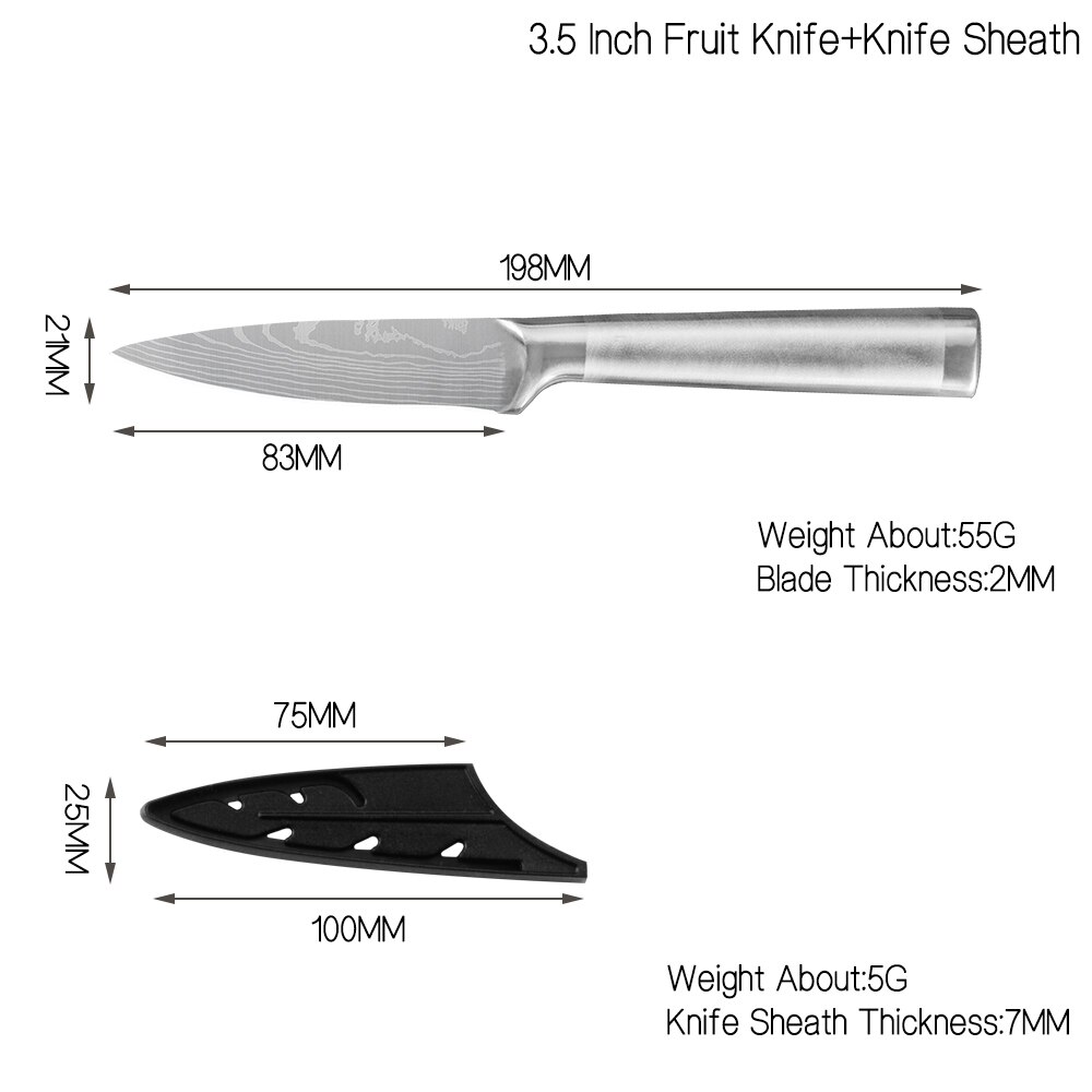 Damask køkkenknive sæt 7 cr 17 knive i rustfrit stål frugtværktøj santoku kok udskæring brød madlavning kniv damaskus mønster: 3.5 in frugtknive