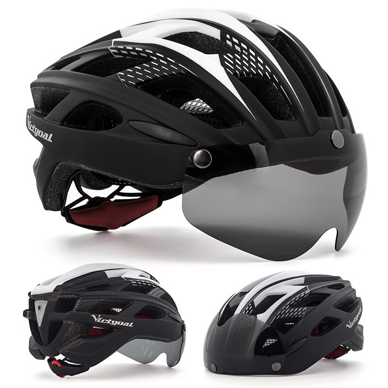 Victgoal adultos capacete da bicicleta capacete com destacável magnético óculos de proteção &amp; segurança led luz traseira ciclismo capacetes das mulheres dos homens: Black Helmet