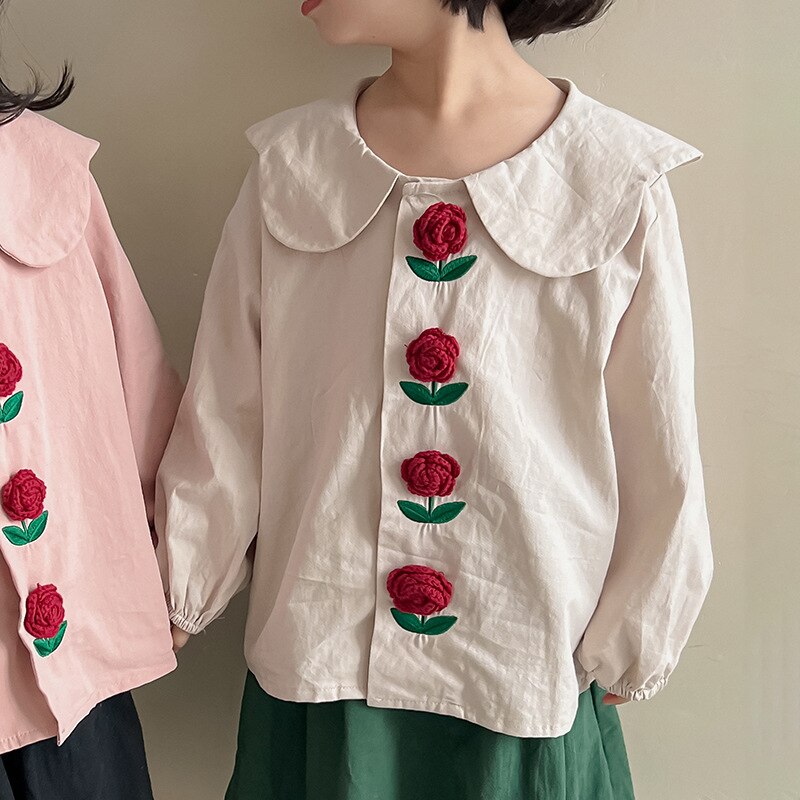 Primavera nuovo francese tridimensionale fiore rosa abiti a maniche lunghe camicie per ragazze dolce colletto per bambole camicie per bambini top