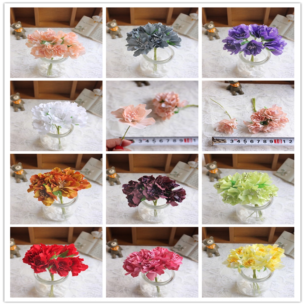 Mini Bouquet artificiel en soie rose 6 pièces/lot | Fleurs en papier pour décoration de mariage, fleurs pour Scrapbooking, boule de fleurs bricolage bon marché