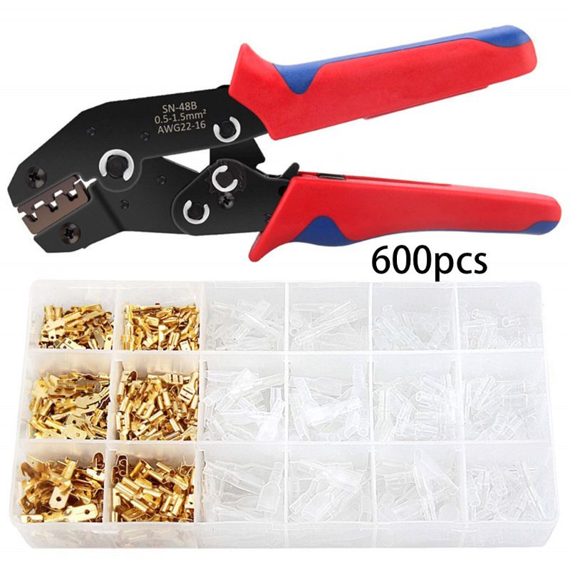 Juego de alicates de engaste 48B con 600 Uds. Inserte el Terminal de resorte de compresión en frío alicates de conector de cable Crimper Kit en caja
