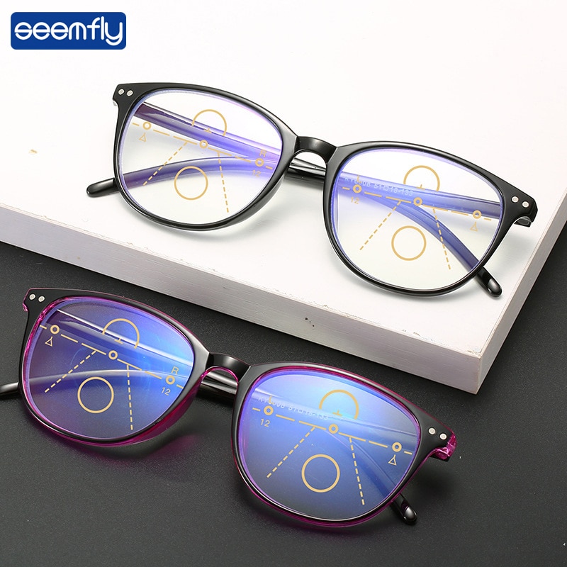 Seemfly Anti-Blauw Licht Progressieve Multifocale Leesbril Vrouwen & Mannen Classic Vierkant Frame Presbyopie Bril Met + 1.0to + 4.0