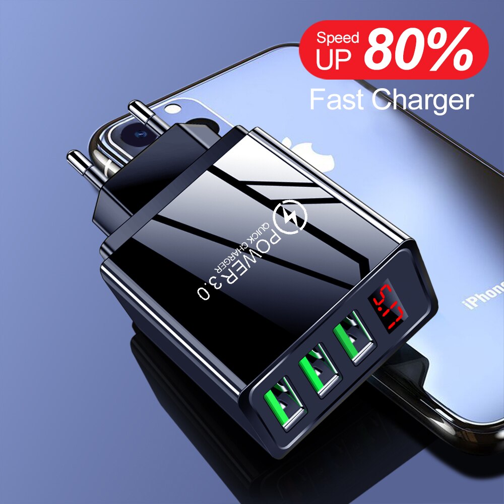 Ładowarka USB 5V 3A szybka ładowarka do telefonu QC 3.0 do Samsung S20 iPhone Xiaomi telefon komórkowy wyświetlacz LED 3 porty ładowarka ścienna Adapter