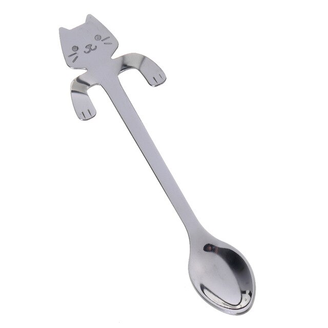 Cuchara con forma de gato, cuchara para té o café, taza colgante de acero inoxidable, cucharas de té, minicuchara largo lindo para gatito, cuchara agitadora para postre: Silver