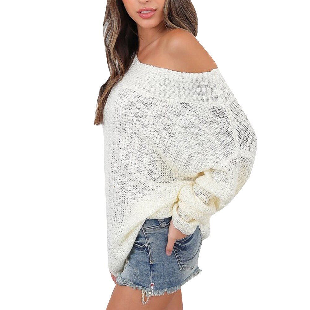 Damebluse efterår vinter ensfarvet langærmet off shoulder strikket løs sweater dame rullekrave