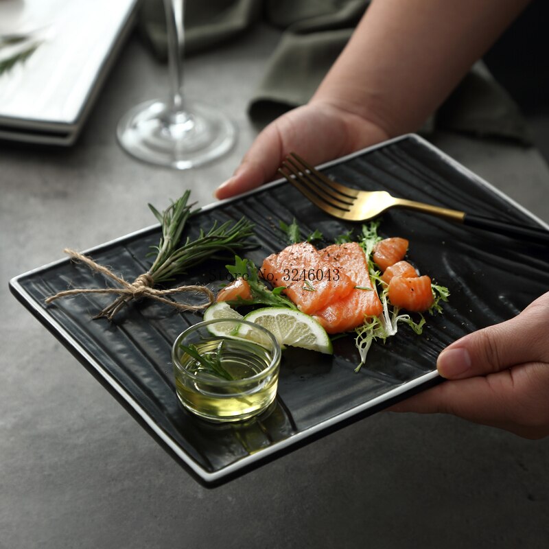 Nordisk stil bøf flade plader high-end vestlig restaurant tallerken sort og hvid rektangulær keramisk fad husholdningsartikler