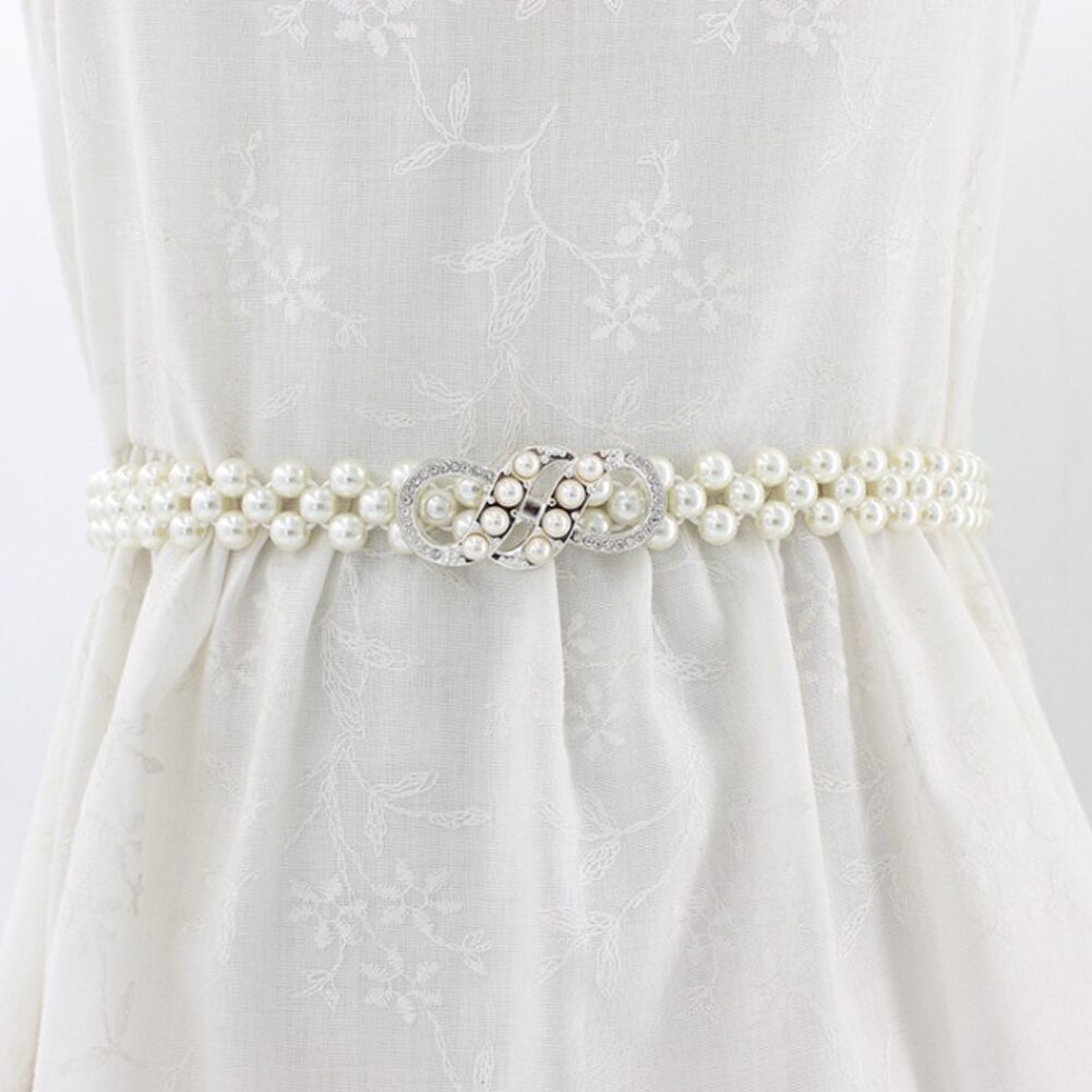 1PC Women Pearl Waist Belt Chain Rhinestone Elastic Pearl Dress Chain Belt Dress Decorative Belt Female Chain: 8