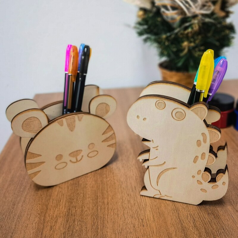 Wood Pencil Holder Tiger/Dinosaur Shape Desk Organizer Decorative Pen Container for Home Office School Supplies