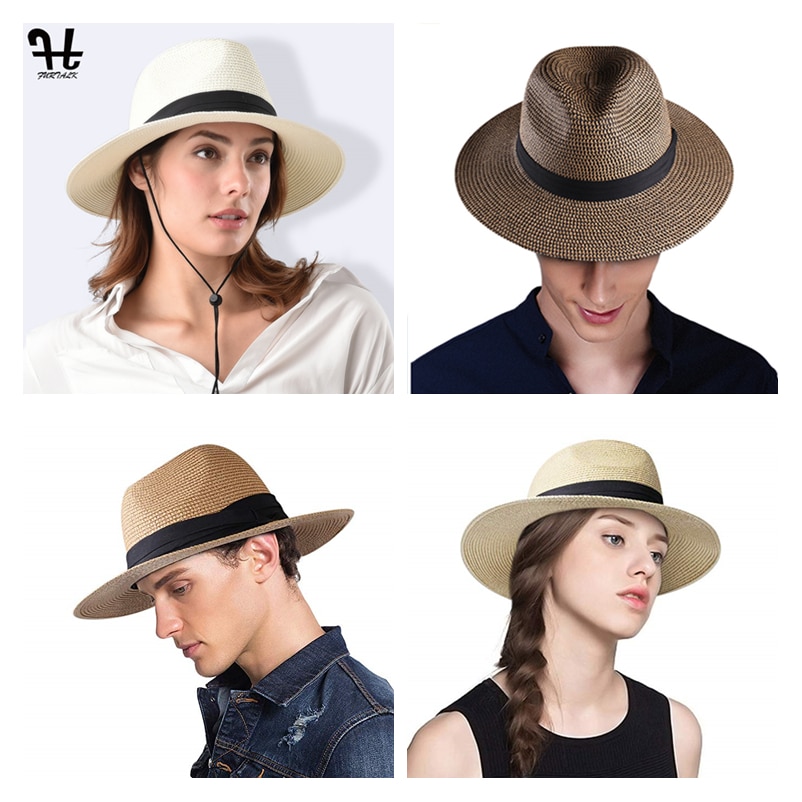 Furtalk Zomer Strooien Hoed Voor Mannen Vrouwen Zon Strand Hoed Mannen Jazz Panama Hoeden Fedora Brede Rand Zon Bescherming Cap met Lederen Riem