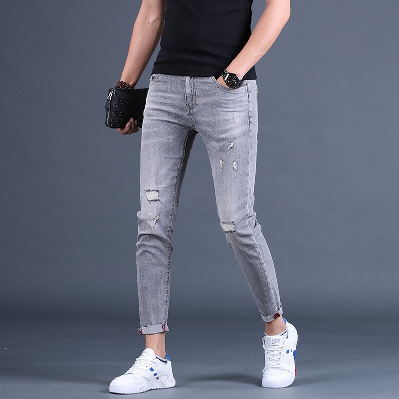 Pantalones vaqueros hasta el tobillo para hombre, ropa informal coreana, con agujeros rasgados, para verano, 2022