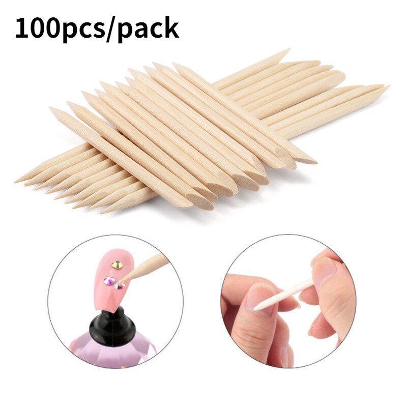 Juego de palitos de madera naranja para quitar cutículas, herramientas para manicura, 4 tamaños diferentes, 100 Uds.