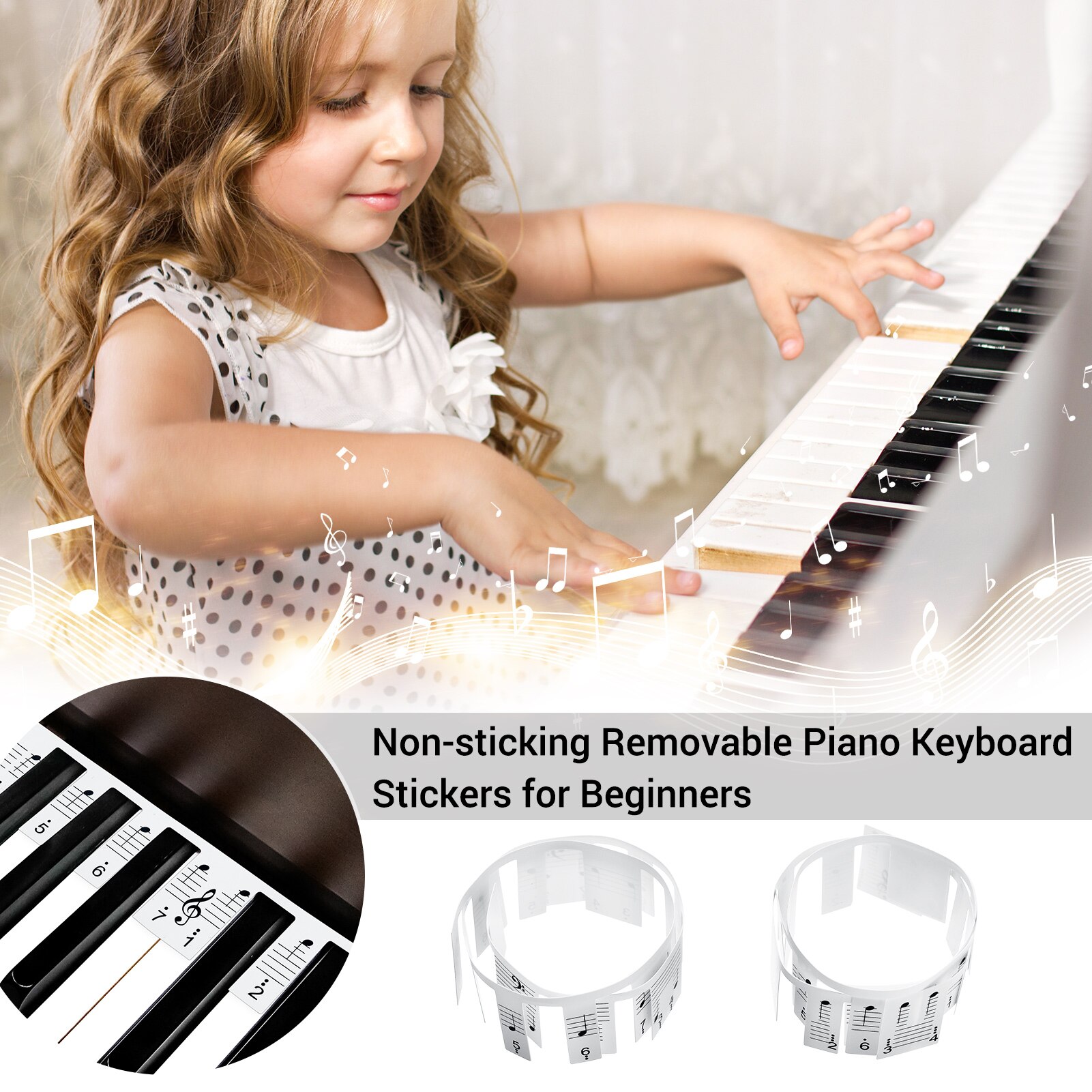 61-key Piano Note Chart Non-sticking Removable Piano Keyboard Stickers with Music Stave &amp; Numbered Musical Notation for Kids