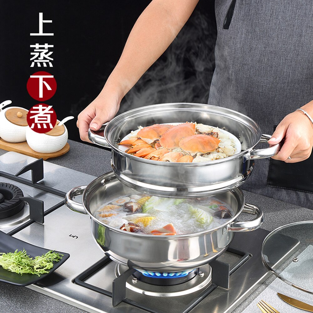 Double Steamer Boiler Stainless Steel Stack and Steam Pot Set 2-Tier Multifunction Cooker Double Boiler Soup Steaming Pot