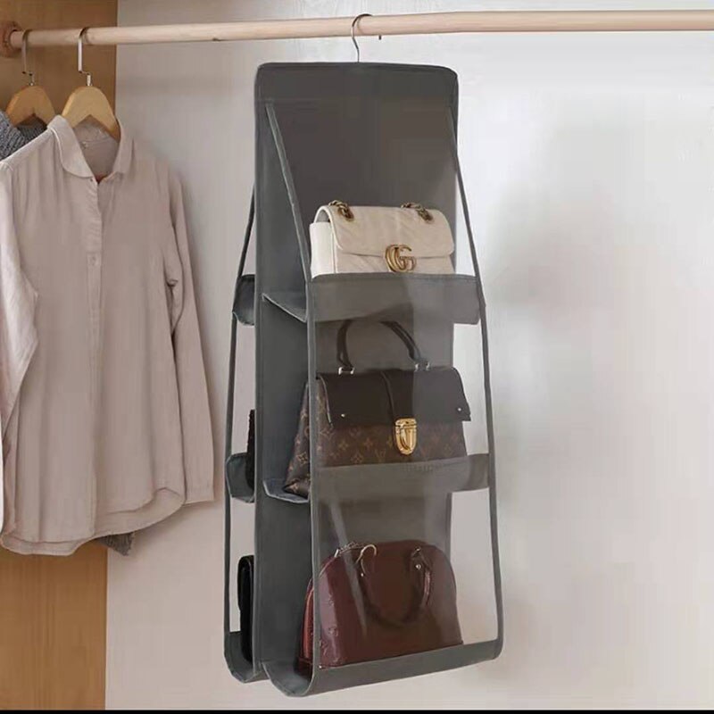 6 Pocket Foldable Hanging Bag 3 Layers Folding Shelf Bag Purse Handbag Organizer Door Sundry Pocket Hanger Storage Closet Hanger: Light Grey