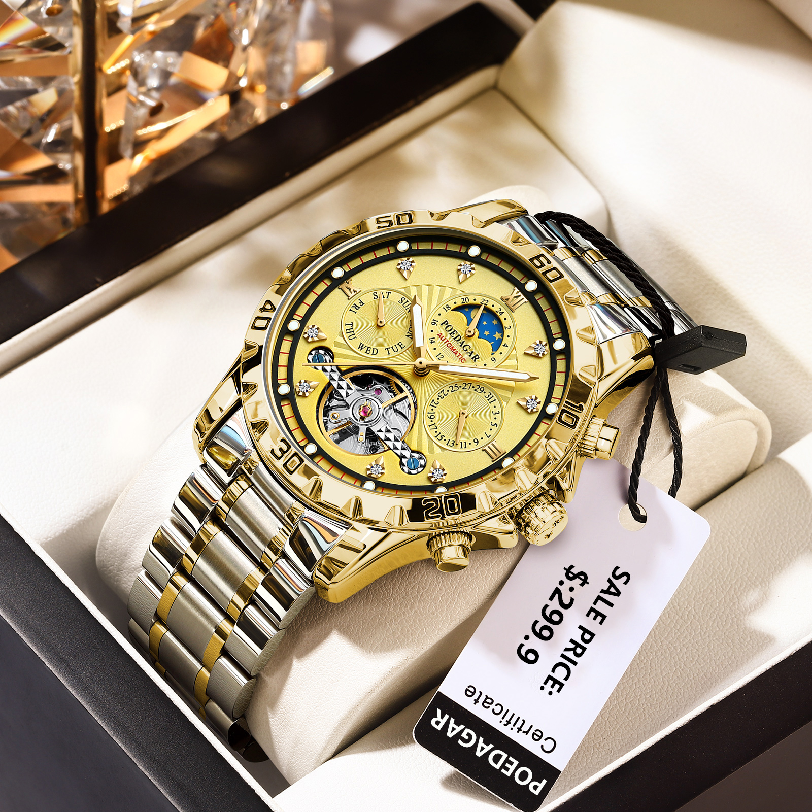 POEDAGAR-Montre de Luxe à Tourbillon Creux pour Homme, Accessoire Étanche, Mécanique et existent, en Acier Inoxydable, avec Date et Semaine