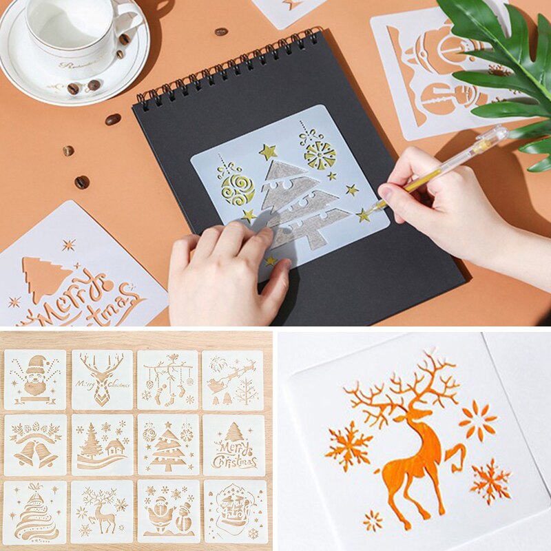 12 stk julestencil julemand snemand snefnug plast skabelon diy lagdeling stencil maleri scrapbog album dekorativt