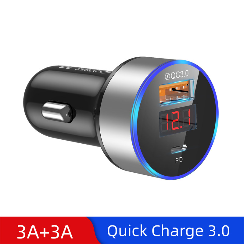 UKGO – chargeur de voiture à LED 6A PD 18W, double USB, Charge rapide 3.0, pour téléphone portable, pour iPhone Huawei Samsung Galaxy: Silver