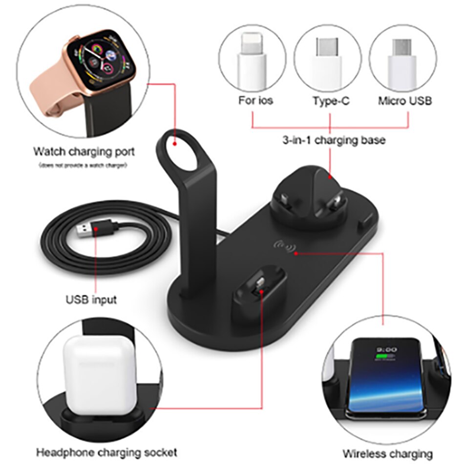 KEPHE 4 in 1 Qi Wireless Charger For iPhone 11 X XS XR 8 10W USB Type C Fast Charging Dock Stand for Apple Watch 5 4 3 2 Airpods