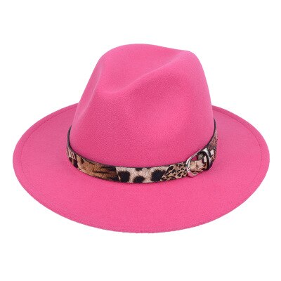 Newest Women Ladies Wool Felt Fedora Hat Leopard Print Wide Brim Wool Panama Casual Formal Party Winter Fedoras: Rose Red