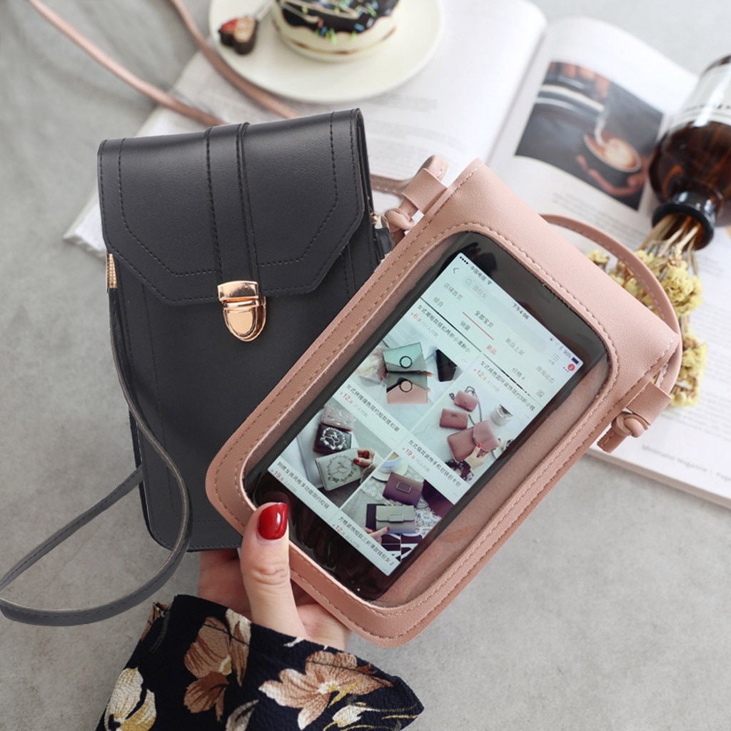 Sac en cuir pour Mini téléphone portable | Sacs à bandoulière, avec arrière latéral, fenêtre transparente pour écran tactile