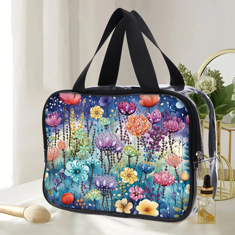 Bolsa de cosméticos con pintura de diamantes de flores DIY para adultos, bolsos de plástico transparente de PVC, bolsas de maquillaje transparentes para viaje, 1 ud.: Blanco
