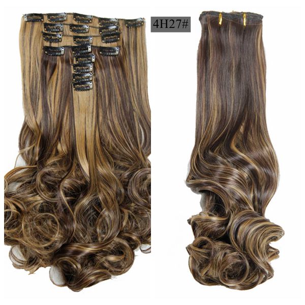 Luksus til fletning 50cm fremhævede farve syntetiske clips ins hårstykker bølget syntetisk clip on hair extensions 50cm 8 stk/sæt: 4h/27#