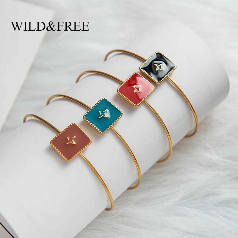Wild & Gratis Vintage Vierkante Open Bangles Sieraden Voor Vrouwen Kleurrijke Enamel Goud Geometrische Armbanden Rvs Sieraden