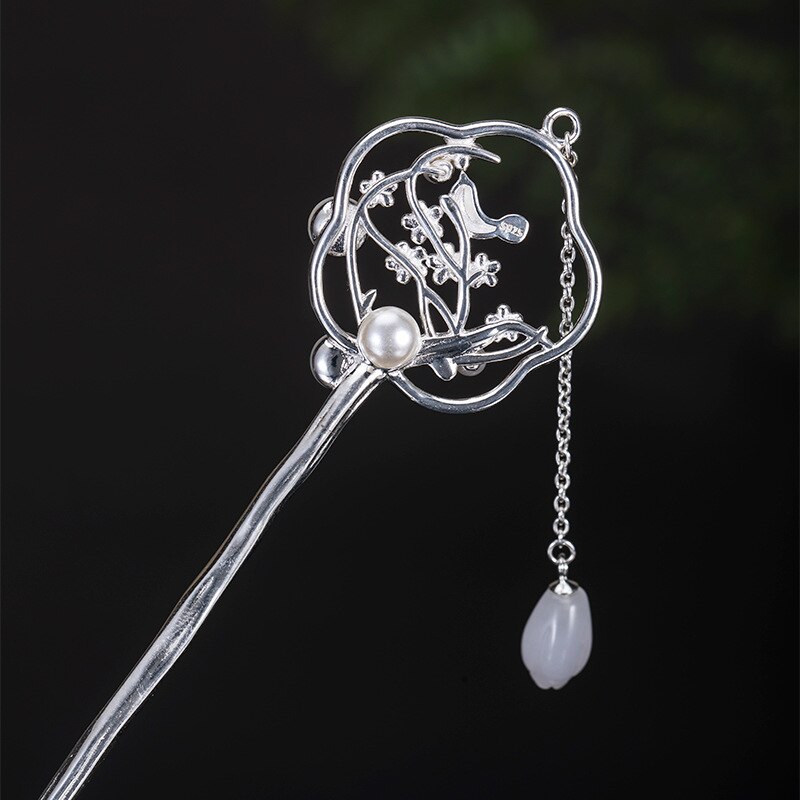 S925 sterling silver hanfu accessories hetian magnolia bird hairpin creative temperament super fairy magpie stepping hairpin