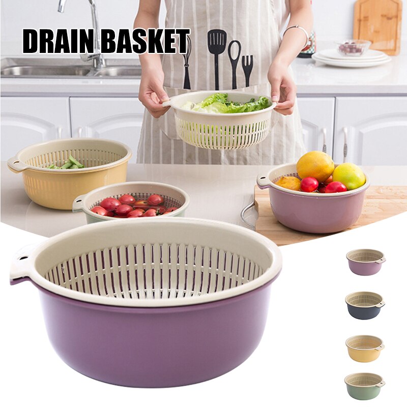 Colador de plástico de doble capa para cocina, cesta de drenaje, frutas y verduras cuenco para lavar, coladores