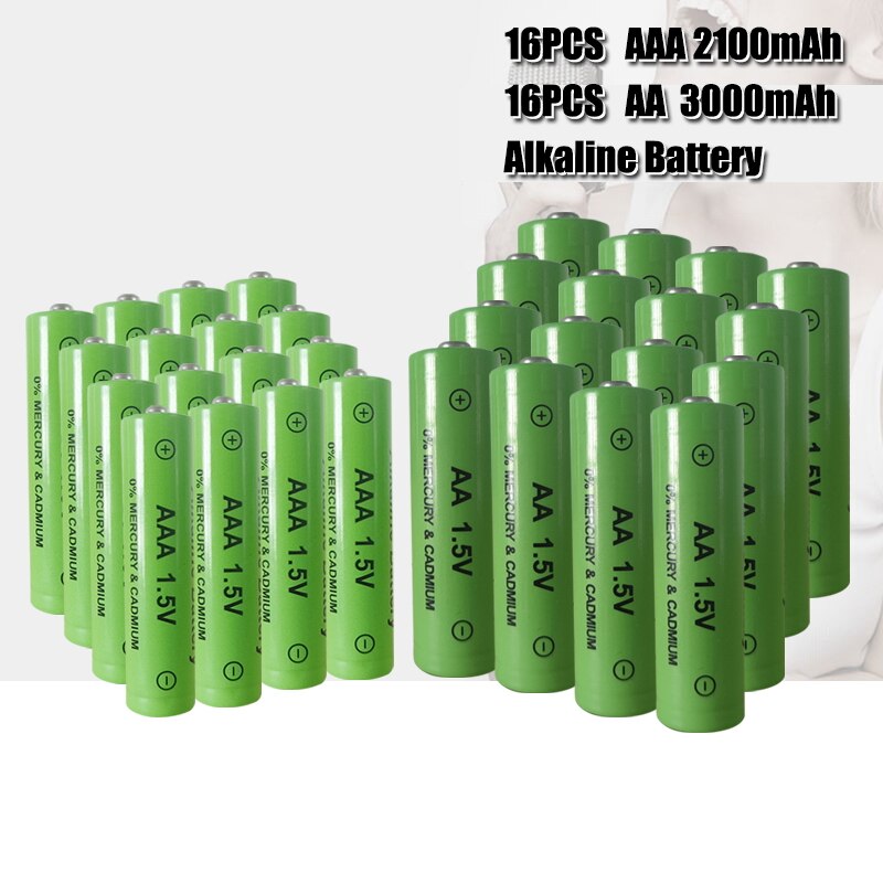 AA + AAA rechargeable AA 1.5V 3000mAh/1.5V AAA 2100mah Alkaline battery flashlight toys watch MP3 player replace Ni-Mh battery: 16AA-16AAA