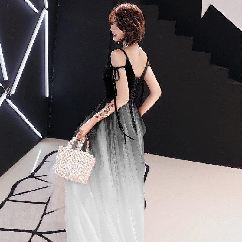Wedding Toast Dress summer gradient married female sense was thin long evening dress female S-XXL: Black / L