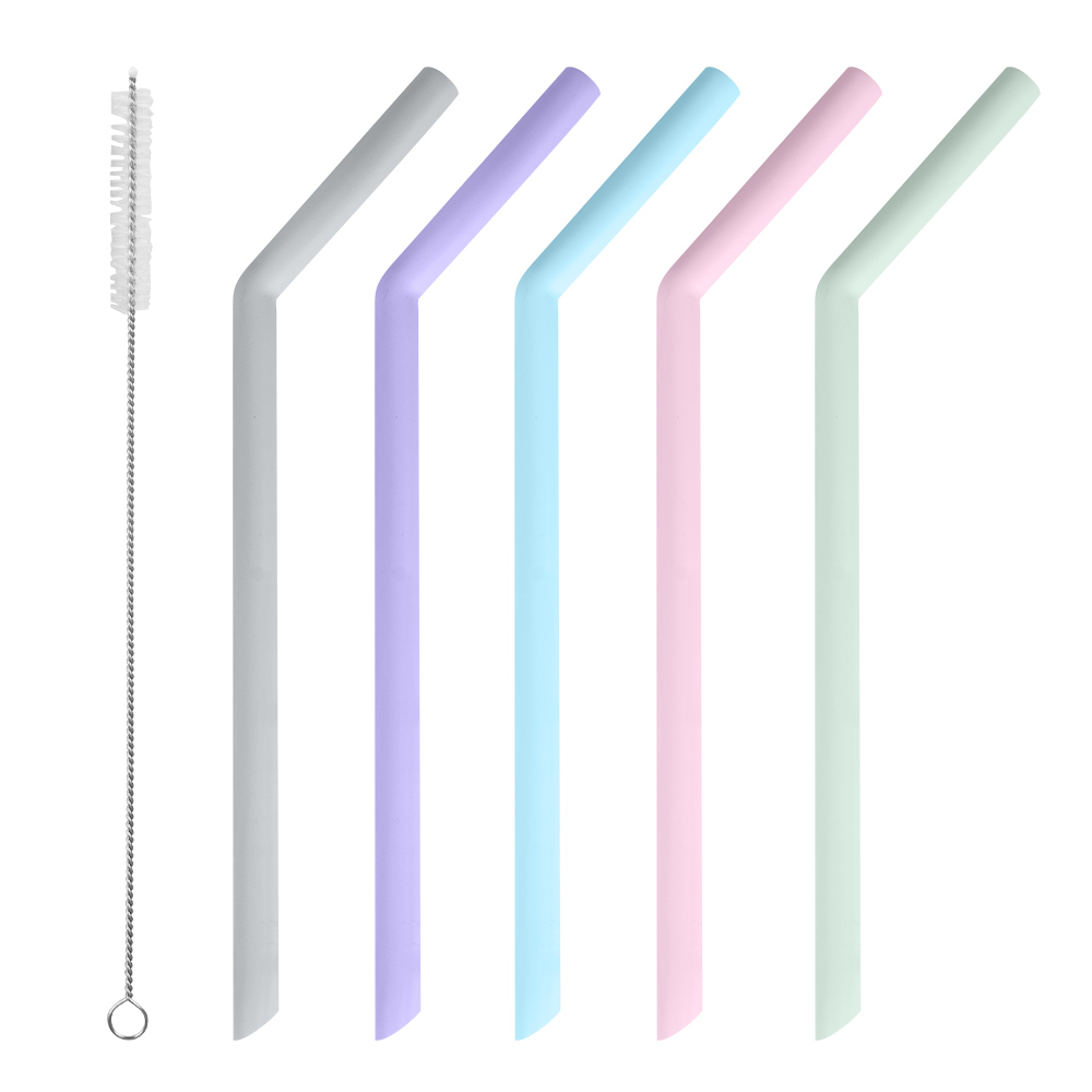 Reusable Drinking Straw 5 Pieces Silicone Straw Set Metal Colorful Straw With Cleaner Brush Bar Party Accessory: Bent Style