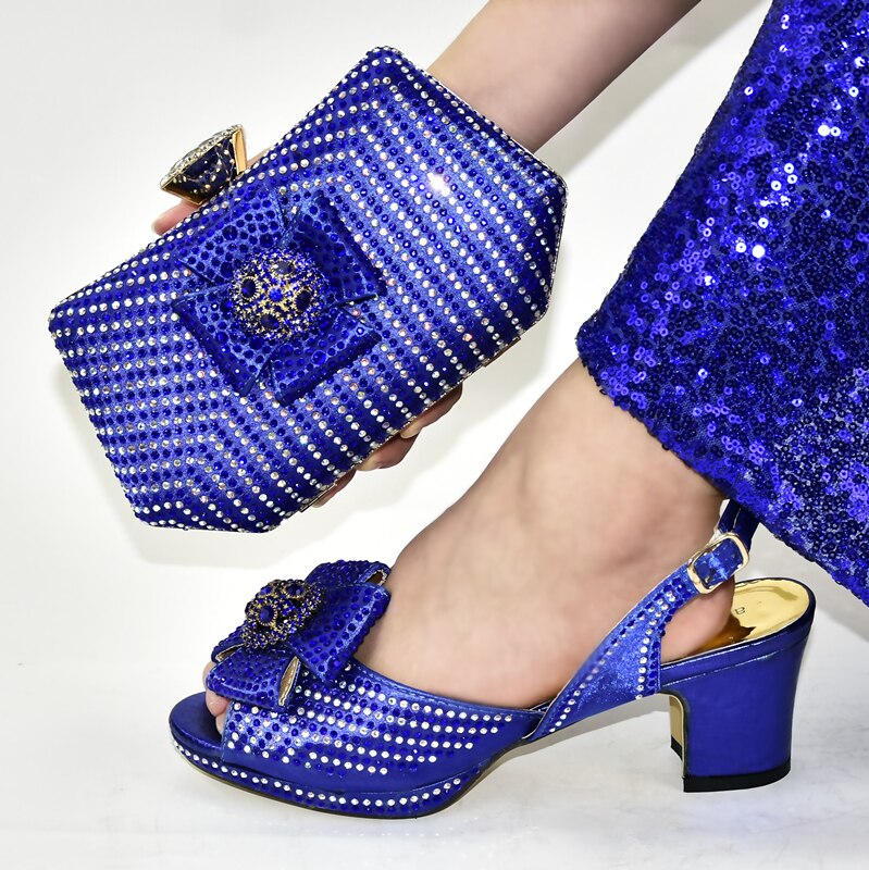 African Shoe and Bag Set Italian Women Wedding Pumps with Purse African Shoe and Bag Set Decorated with Rhinestone: Blue / 9