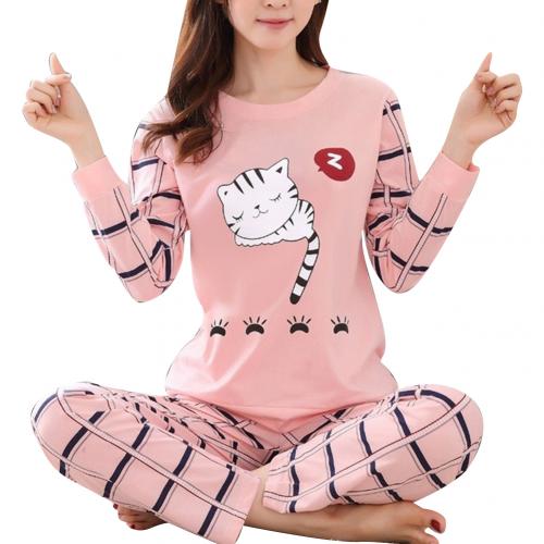 Pajama Set Winter Cute Cartoon Cat Print Pajama Set Women Two-pieces Long Sleeve Sleepwear Breathable Soft Round Neck Set: M