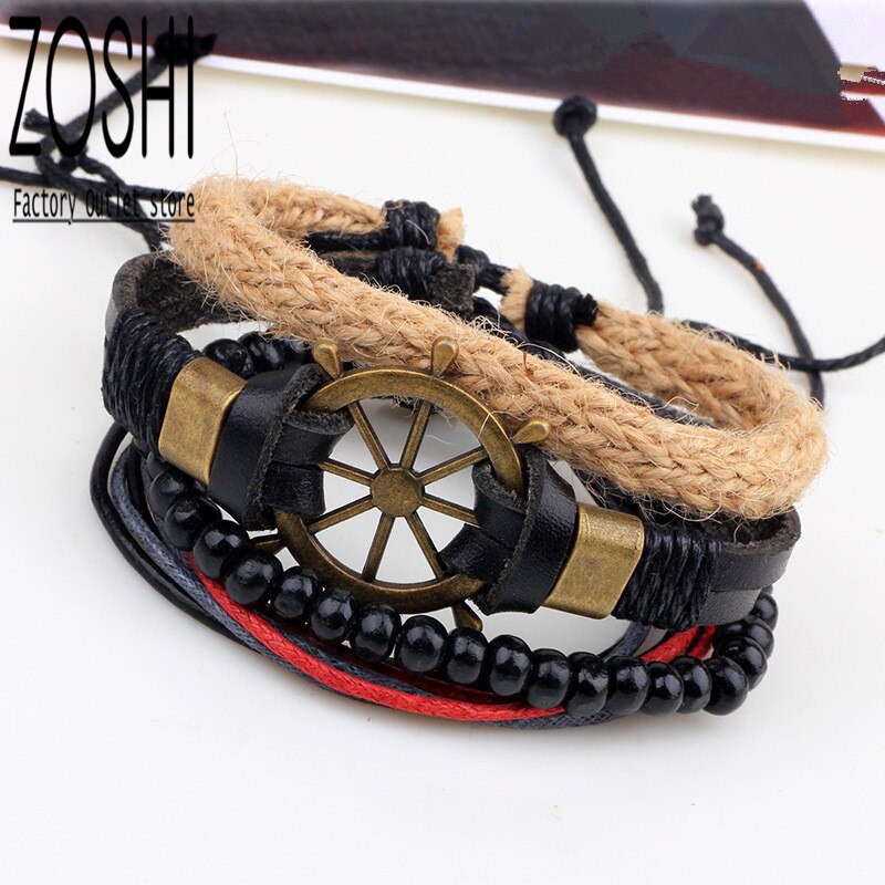 4 pçs bege caqui cânhamo corda tecer pulseira conjunto masculino misto marrom couro envoltório pulseira azul contas de madeira pulseiras multicamadas