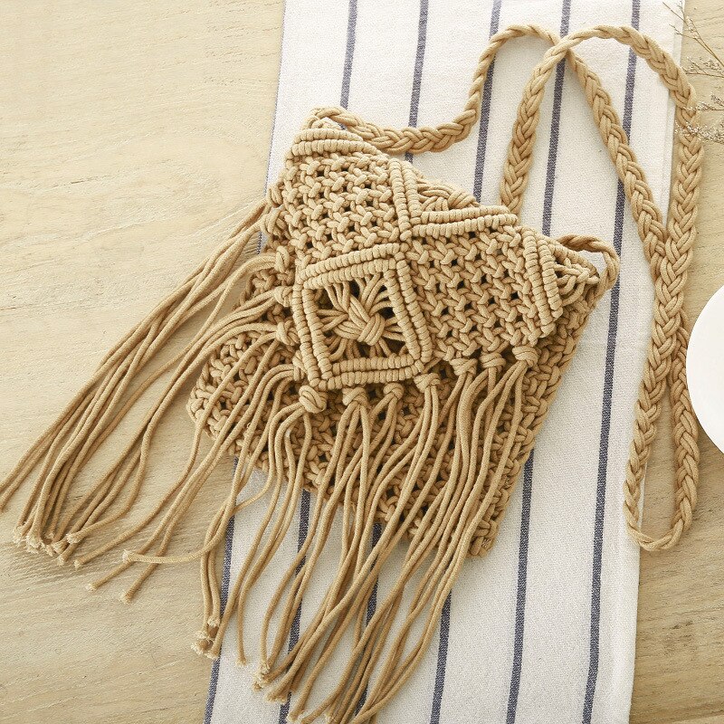 Fringe Tassel Crossbody Schoudertas Geweven Handgemaakte Boho Strand Reizen Handtas Voor Vrouwen: KHAKI