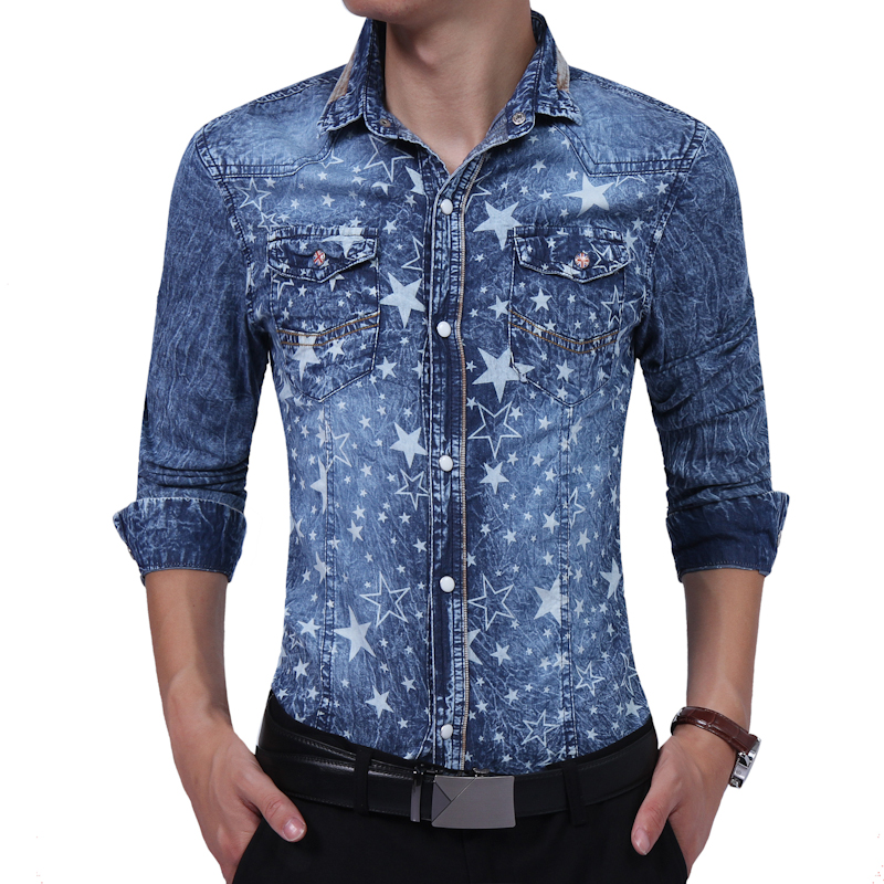 Cowboy miesten paita pitkähihainen miesten denim paita merkki denim paita tähtikuvio aasialainen koko sininen