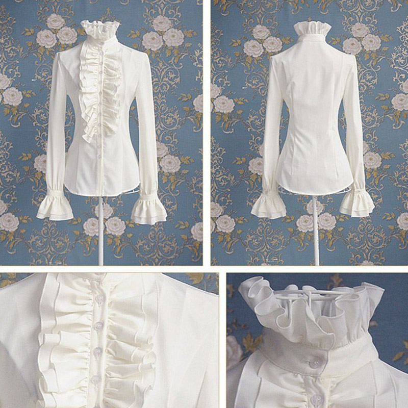 Camicia vittoriana Vintage da donna collo alto con volant camicetta abbottonata maniche lunghe vita sottile Office Lady Gothic Lotus top