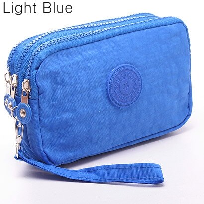 Coin Purse Women Small Wallet Washer Wrinkle Fabric Phone Purse Three Zippers Portable Make Up bag: light blue bag