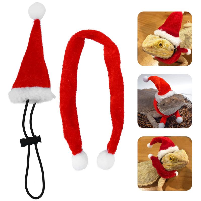 2Pcs Bearded Dragon Lizard Santa Hat with Scarf Festival Christmas Costume Set