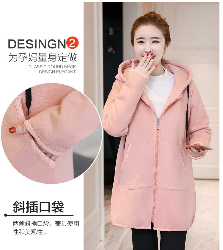 Pink fløjls gravide jakker hættetrøje en linje løse frakker tøj til gravide efterår vinter graviditet outwear