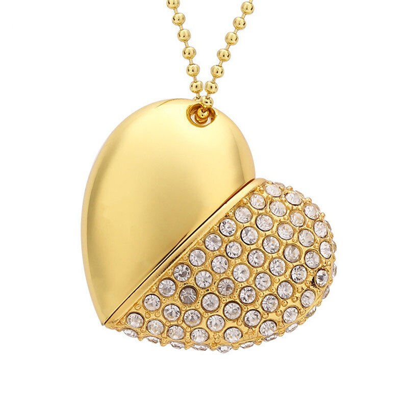 POWERONE cristal diamant coeur avec chaîne pendentif clé USB clé USB 64GB 16gb 32GB USB 2.0 collier mémoire bâton: 64 GO / Gold