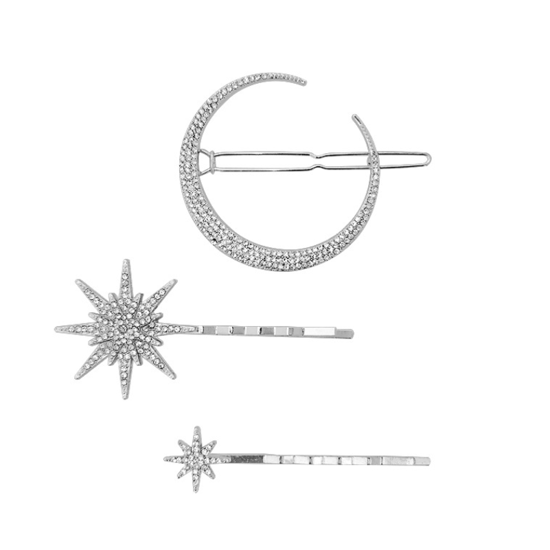 Horquillas laterales de cristal para mujer, pasadores de Metal para el cabello, accesorios para el cabello para niña, conjunto de Clips de diamantes de imitación con estrellas y Luna, horquillas de estrella: Chapado en oro antiguo