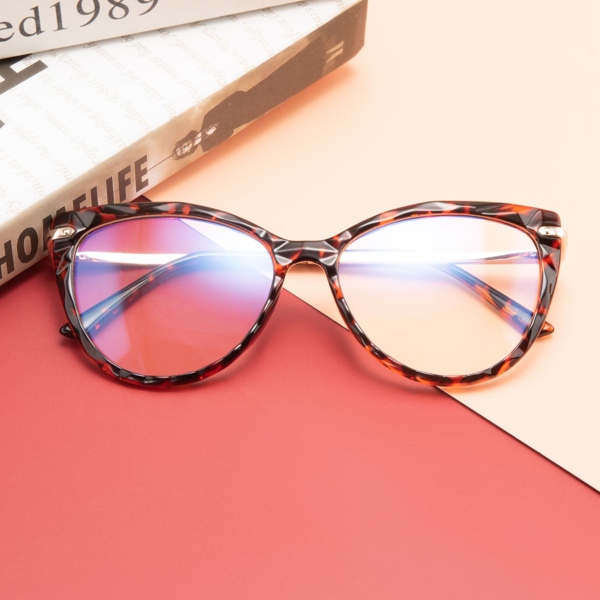 Gafas de sol con de ojo de gato y luz azul para mujer, lentes transparentes Con montura negra, de lujo,: 01