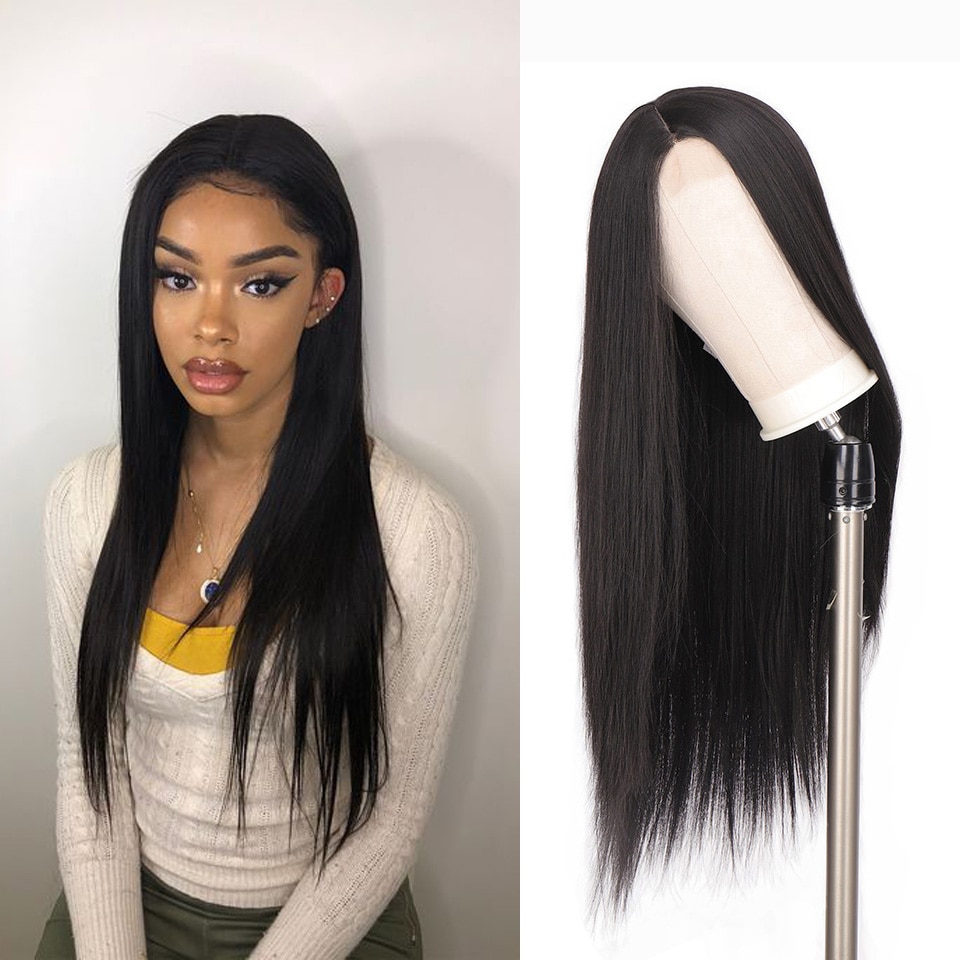 HOUYAN Women's Synthetic Lace Front Afro Wigs 30"Long Straight Black Natural High Density Heat Resistant Fiber For Black Women