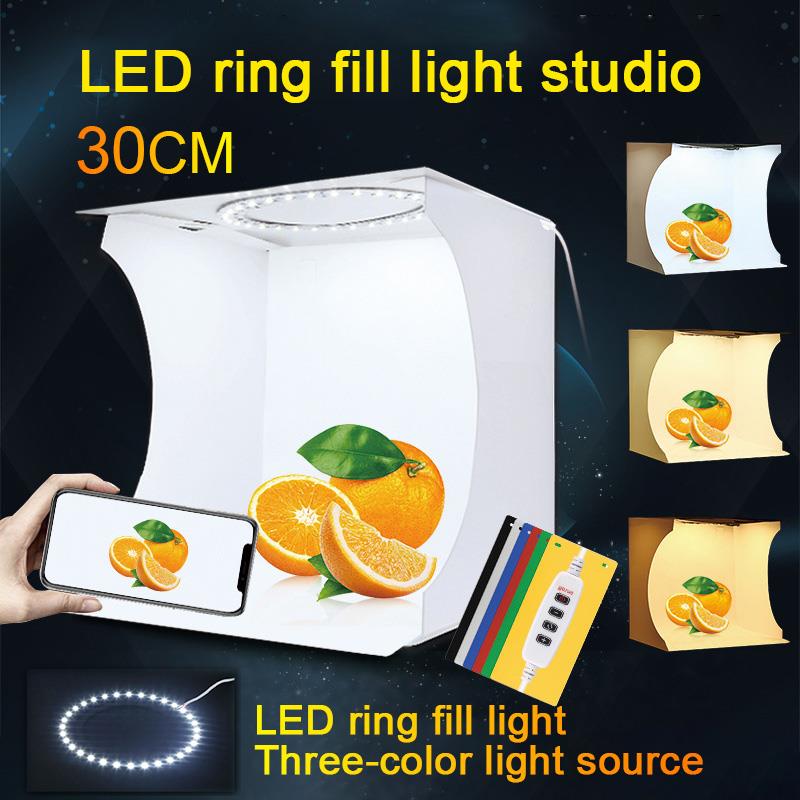Mini caja de estudio fotográfico caja de fotografía plegable de 30cm, kit de tienda de tiro para estudio de fotografía con anillo LED y fondos de 6 colores