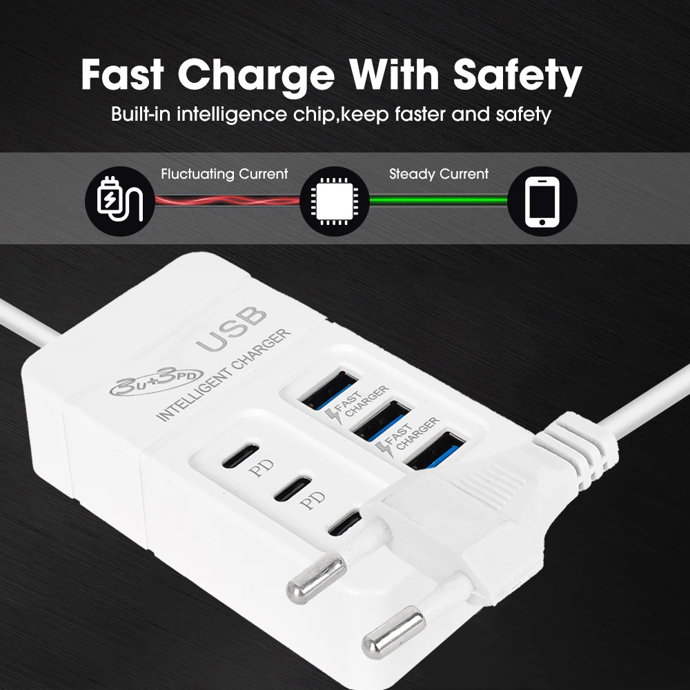 Cargador USB multipuerto de 6 puertos, 35W, PD tipo C, carga rápida para teléfono móvil, cargadores de pared tipo C, adaptador de concentrador tipo C, enchufe UE, EE. UU., Reino Unido