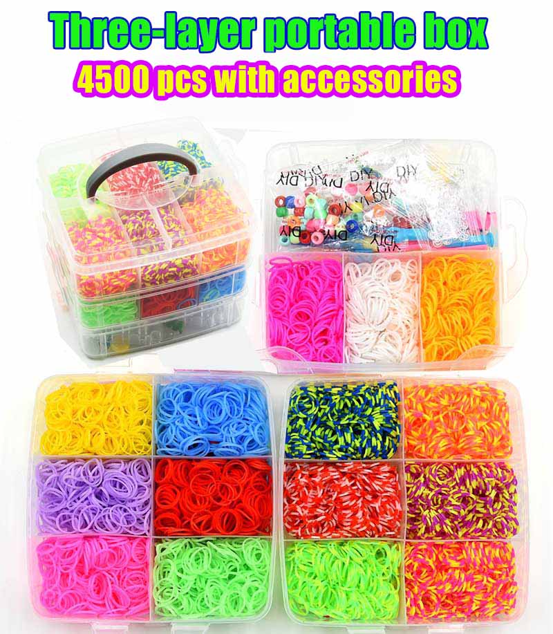 4500 Stuks Rubber Fun Loom Band Kit Kids Diy Armband Siliconen Loom Bands 3 Lagen Pvc Doos Familie loom Kit