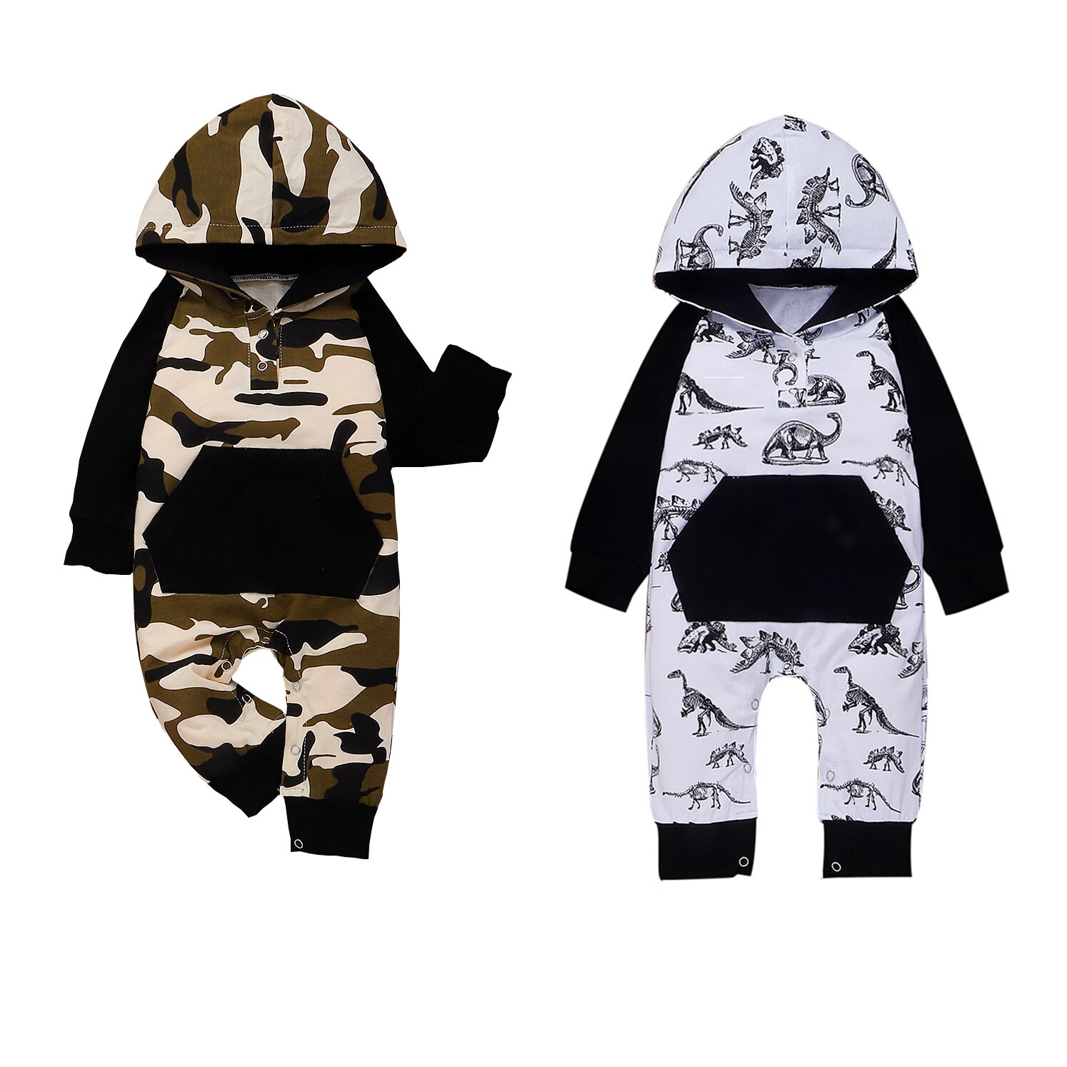 2019 Primavera Outono Bebê Roupa Infantil Roupas de Bebê Menino Manga Longa Dinossauro/Camuflagem Bolso Romper Macacões Outfit Geral